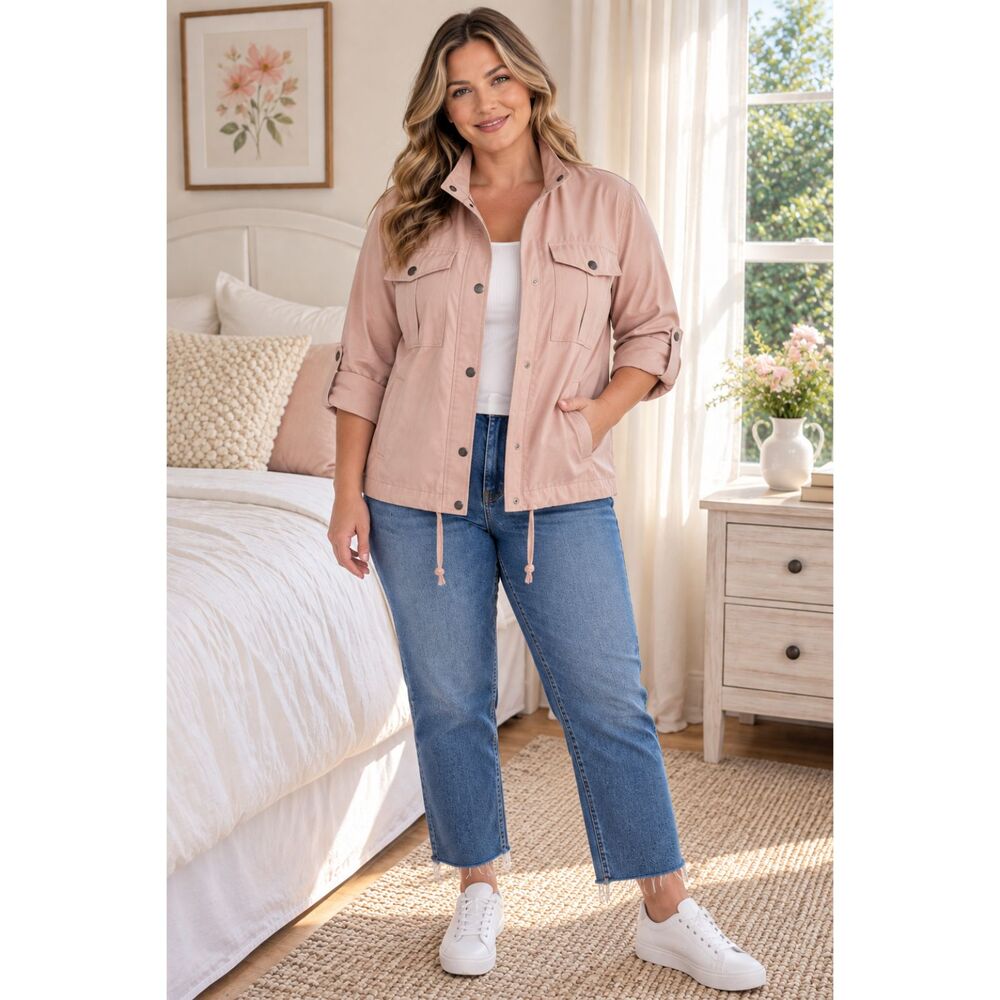 Korye Peach Skin Utility Jacket Blush Pink 3XL Roll Tab Sleeves NWT